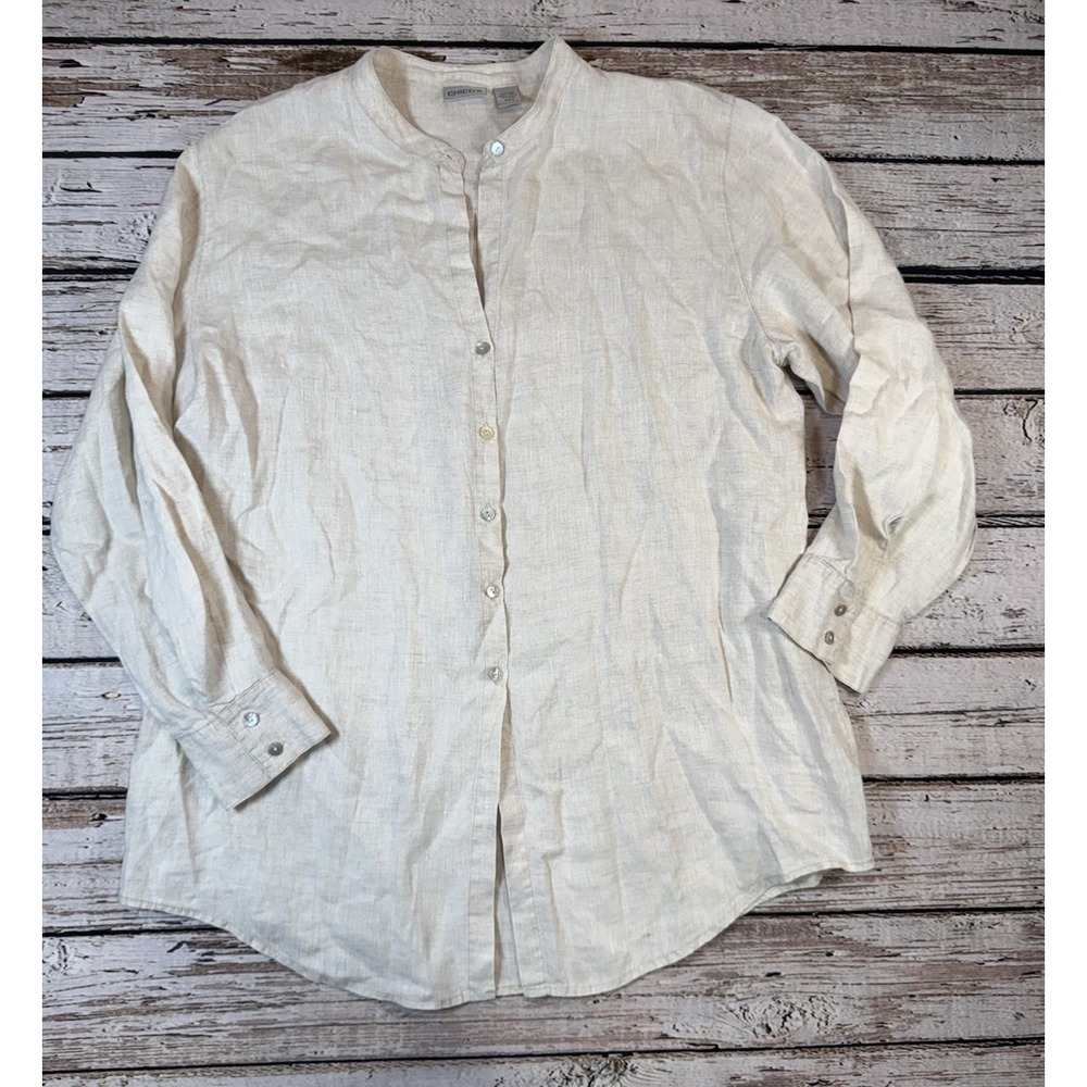 Chico's Linen‎ Shirt 3 XL Beige Tunic Button Down Lagenlook Boyfriend Coastal